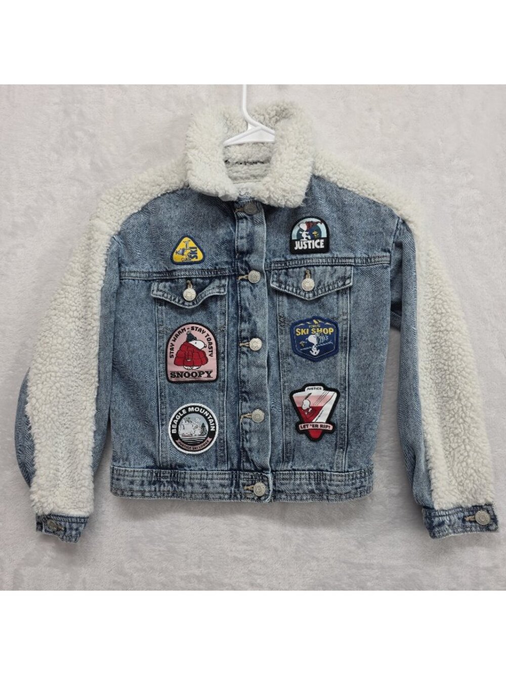 Justice Peanuts Girls Snoopy Patch Denim Jacket Sherpa Fleece Collar 5/6 Yrs XS
